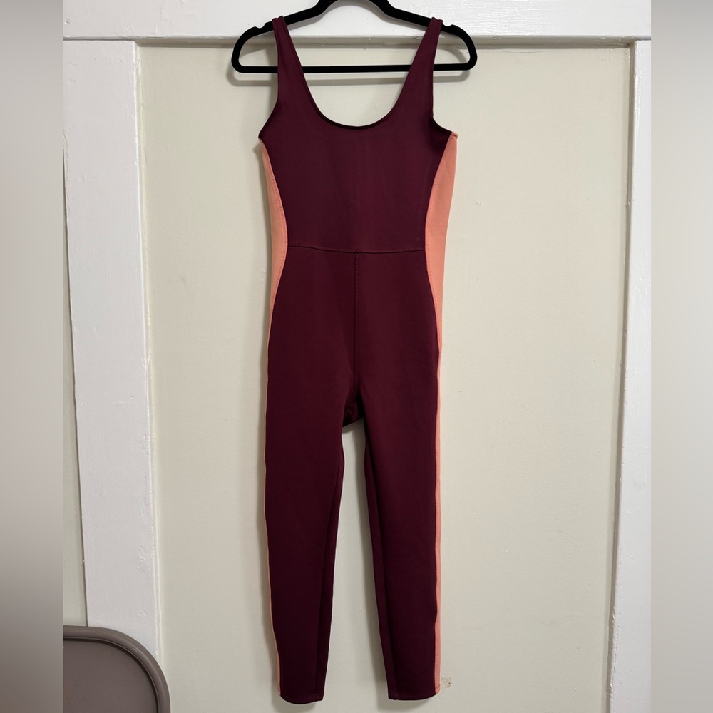 Fabletics Burgundy and Peach Colorblock Jumpsuit